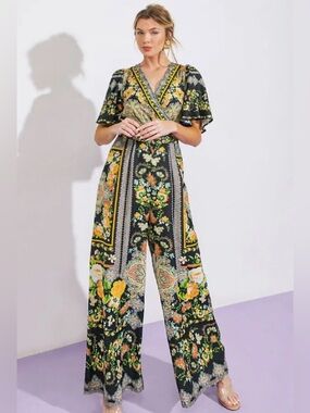 A378. Florence Floral Black Wide-Leg Jumpsuit